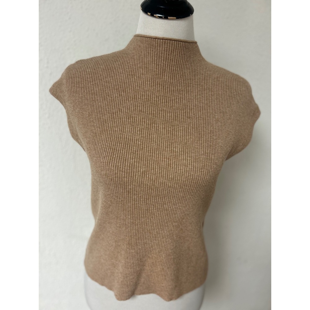 Vila Milano Tan Ribbed Mock Neck Sweater Vest Sleeveless Knit Top Small